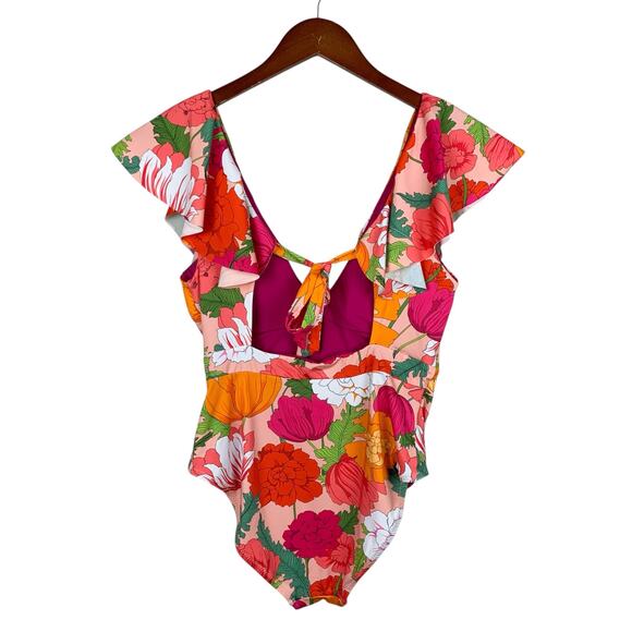 Trina Turk Sunny Bloom Ruffle Neck One Piece Swimsuit Pink Floral Women's 10 - Picture 6 of 10